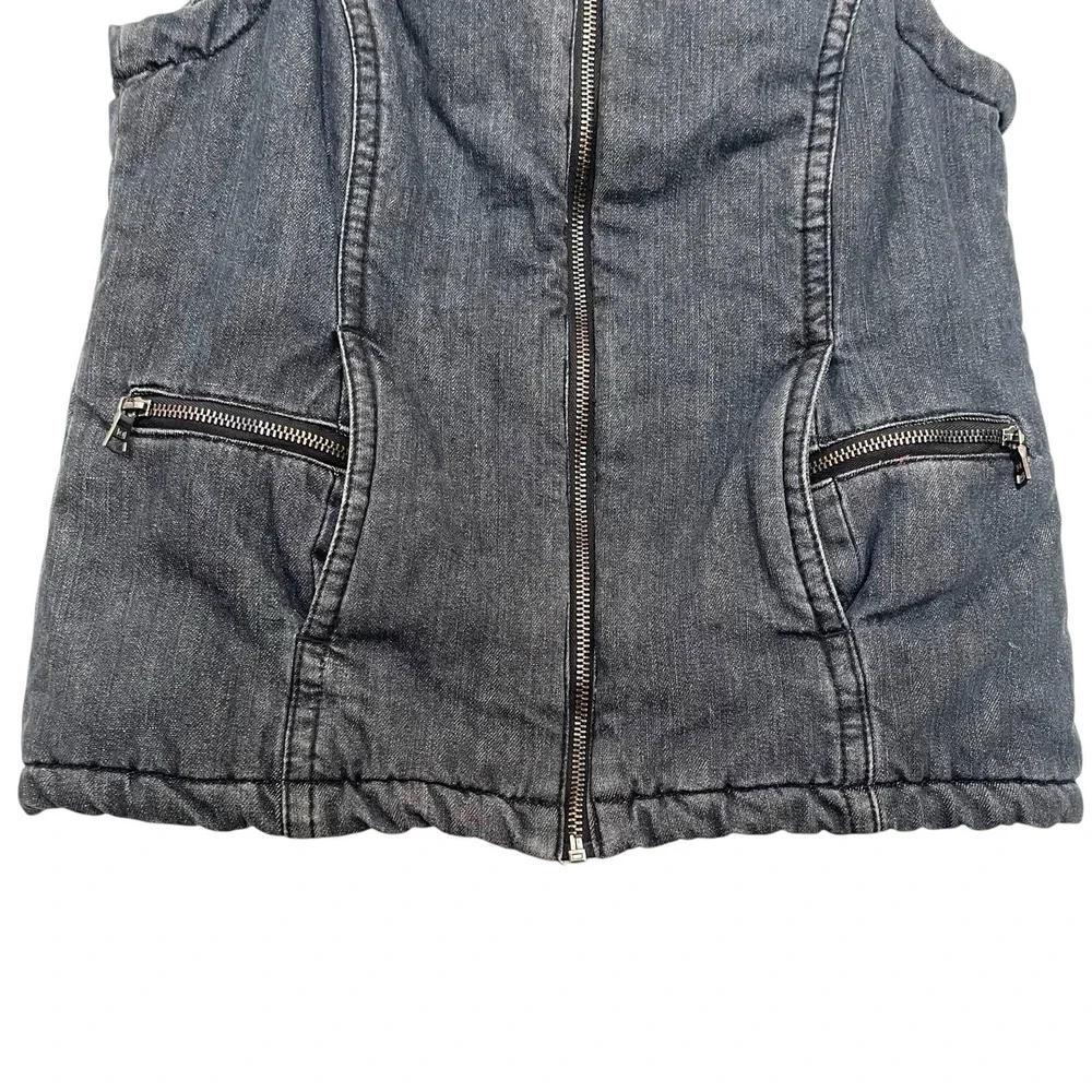 Liz Claiborne Denim Vest Womens S Grey Dark Wash Zip Up Plaid Lined Pockets